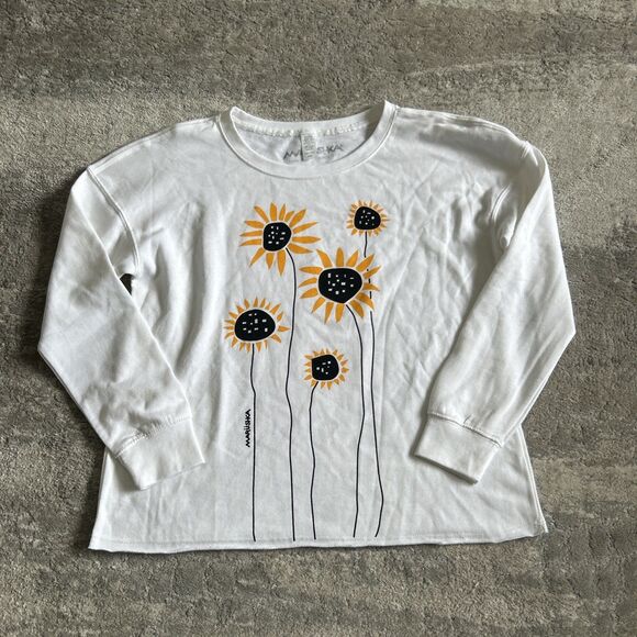 Marushka Sweatshirt Womens Small Lightweight White Sunflower Print Crewneck - Picture 1 of 8